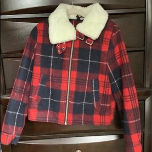H&M Plaid Jacket with White Fur Collar